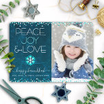 Blue Hanukkah Peace Joy Love Quote Photo Snowflake Holiday Card<br><div class="desc">“Peace, joy & love.” A fun, playful, snowflake illustration and modern typography on a rich, deep teal blue marble watercolor background help you usher in the Hanukkah season, along with the custom photo of your choice. Faux turquoise foil and white confetti dots frame the card. Feel the warmth and joy...</div>