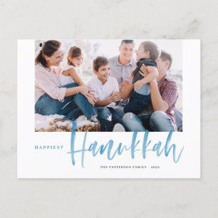 Blue Happiest Hanukkah Brush Calligraphy Photo Holiday Postcard