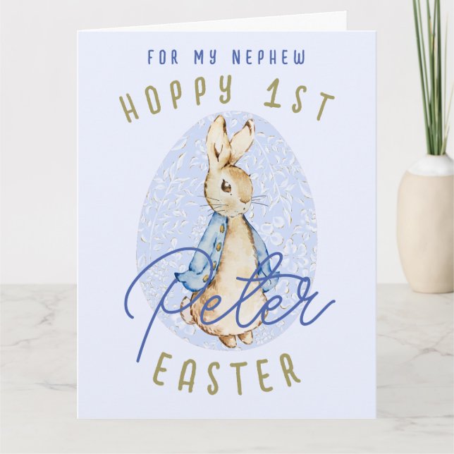 Blue Happy 1st Easter Bunny Egg Nephew Name Card (Front)