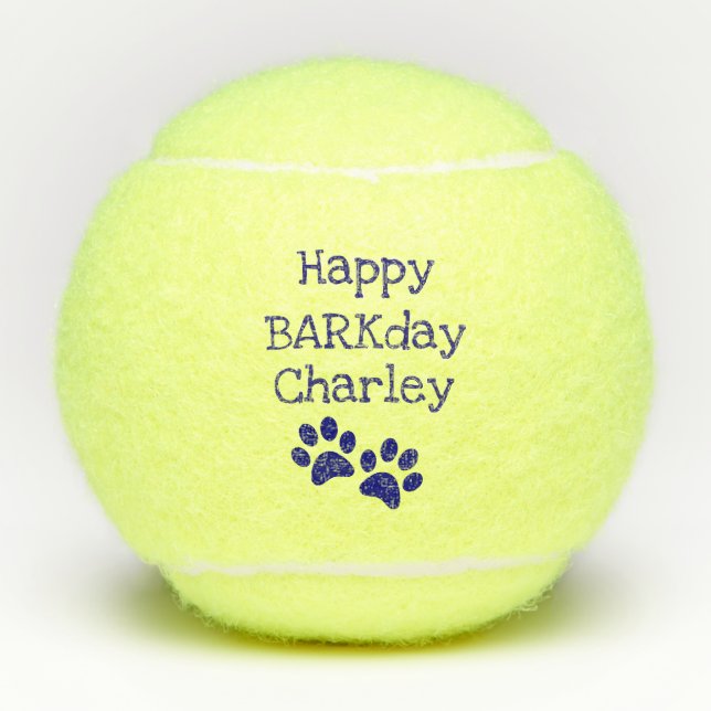 Blue Happy Barkday Birthday Pet Dog Toy Tennis Balls (Front)