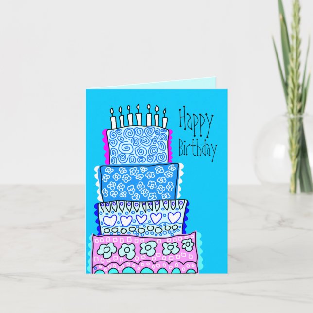 Blue Happy Birthday Cake Card (Front)