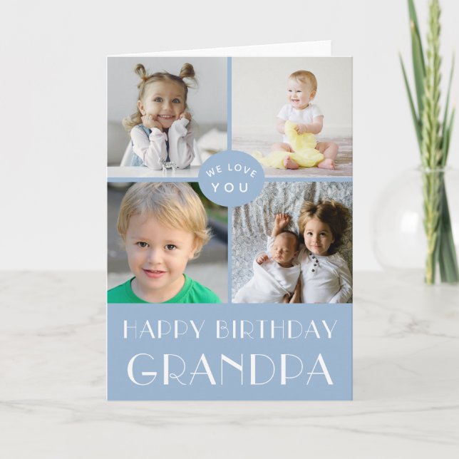 Blue Happy Birthday Grandpa Photo Collage  Card (Front)
