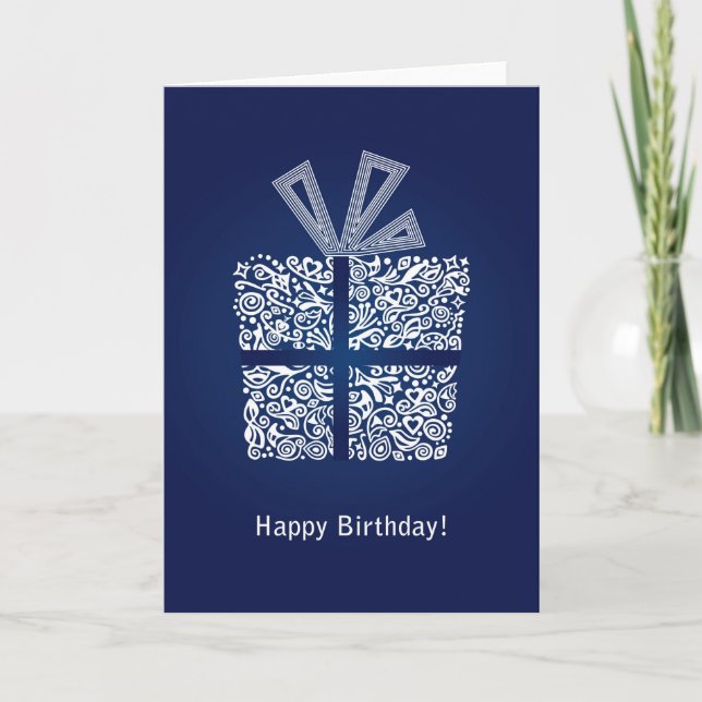 Blue happy birthday mens boys card with a gift box (Front)