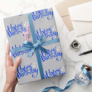 Blue Happy Birthday on Grey Wrapping Paper