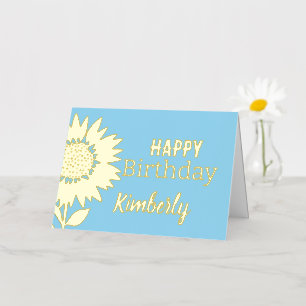 Blue Happy Birthday Sunflower Custom Name Gold Foil Greeting Card
