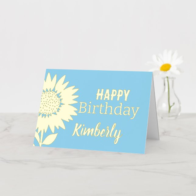 Blue Happy Birthday Sunflower Custom Name Gold   Foil Greeting Card (Small Flower)