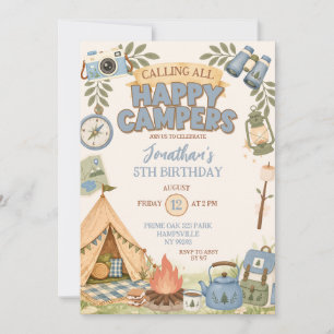 Blue Happy Campers Birthday Invitation