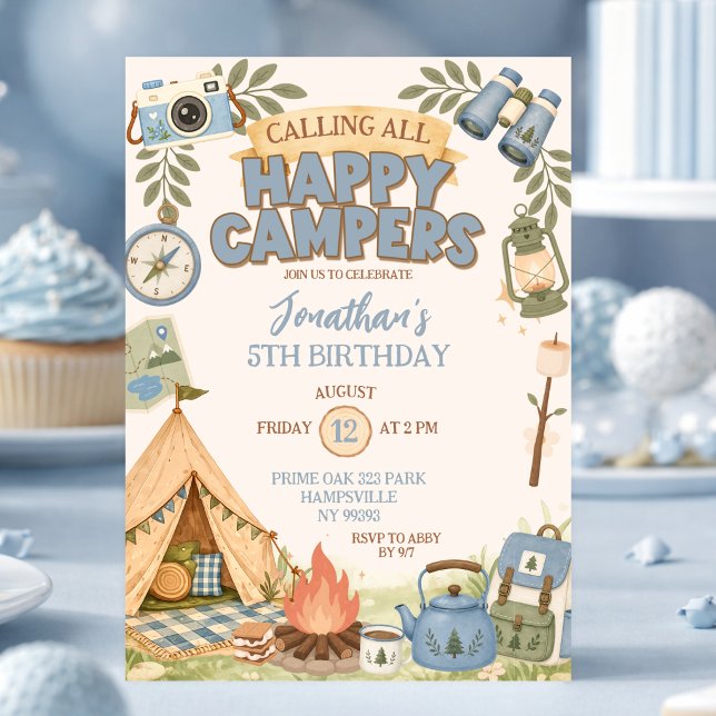 Blue Happy Campers Birthday Invitation (Creator Uploaded)