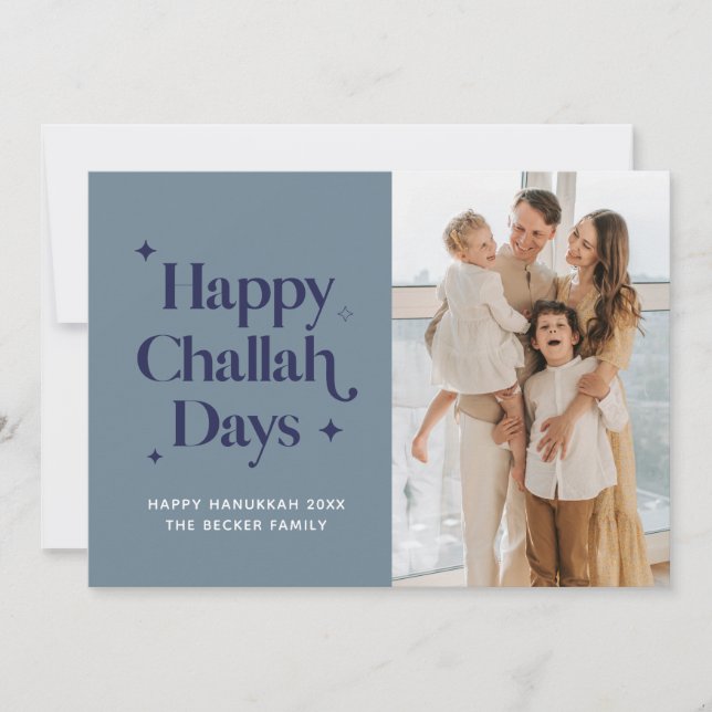 Blue Happy Challah Days Hanukkah Family Photo Holiday Card (Front)