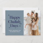 Blue Happy Challah Days Hanukkah Family Photo Holiday Card<br><div class="desc">© Gorjo Designs. Made for you via the Zazzle platform.

// Need help customising your design? Got other ideas? Feel free to contact me (Zoe) directly via the contact button below.</div>