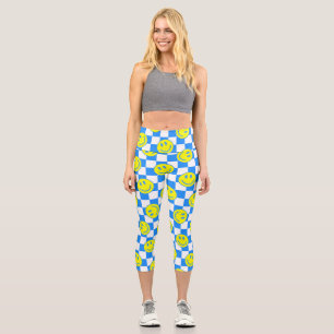 blue happy face check groovy capri leggings