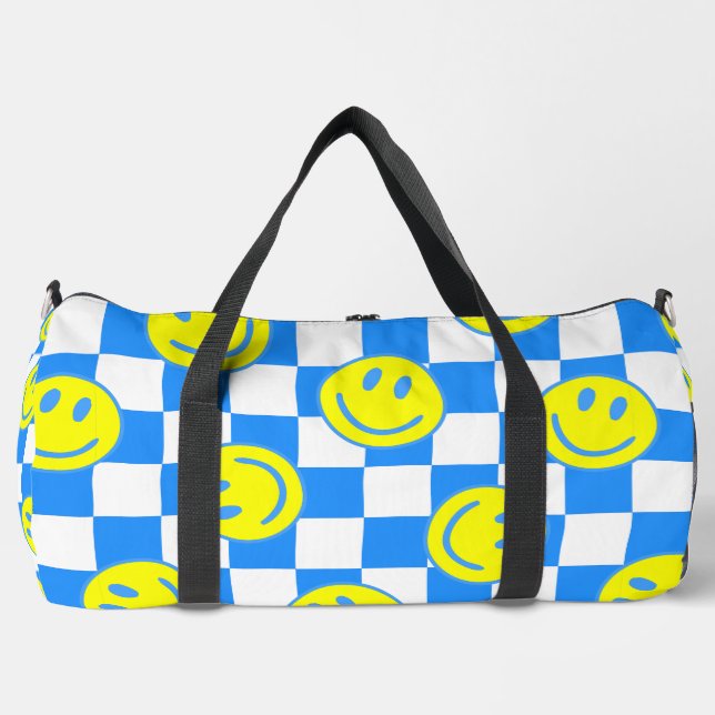 blue happy face check groovy duffle bag (Front)