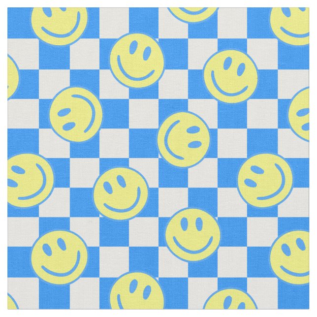 blue happy face check groovy fabric (Close Up)