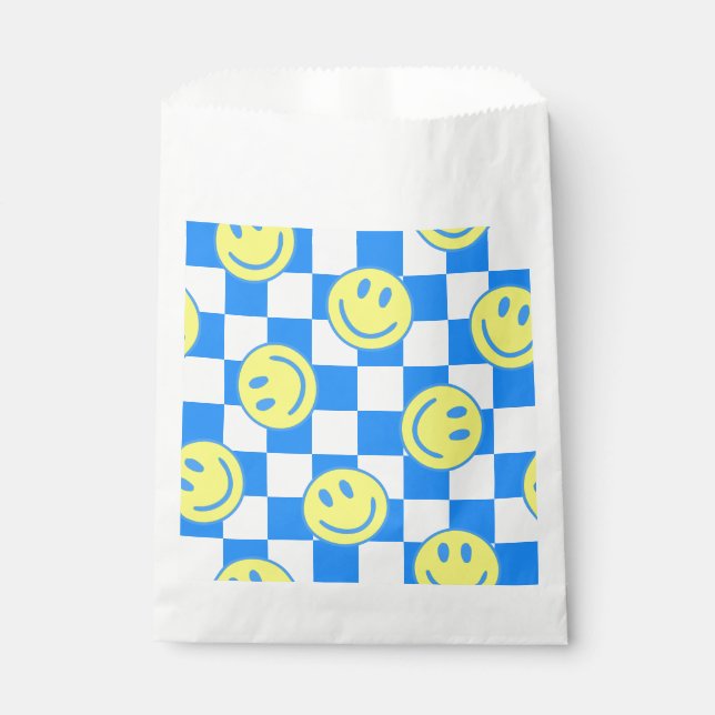 blue happy face check groovy favour bags (Front)