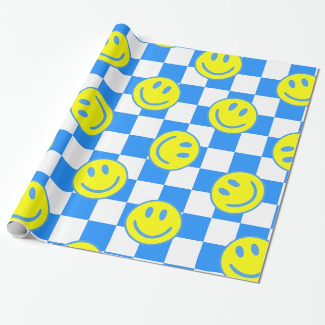 blue happy face check groovy wrapping paper (Unrolled)