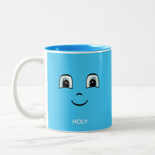 Blue Happy Face with Personalised Text & Monogram Two-Tone Coffee Mug