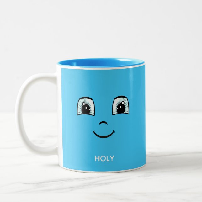 Blue Happy Face with Personalised Text & Monogram Two-Tone Coffee Mug (Left)