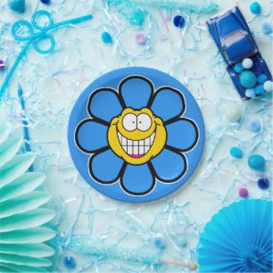 Blue Happy Flower Screwball Graphics Paper Plate