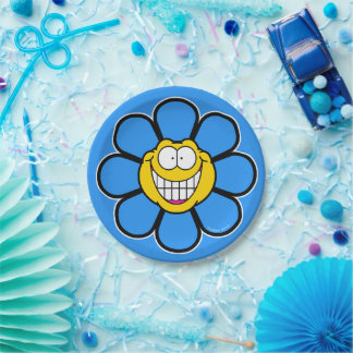 Blue Happy Flower Screwball Graphics Paper Plate