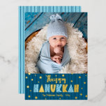 Blue Happy Hanukkah Photo Cute Modern Real Gold Foil Holiday Card<br><div class="desc">“Happy Hanukkah.” Fun, playful, whimsical handcrafted real gold foil and light blue typography, a random gold foil Star of David pattern, and midnight navy blue hand drawn lines overlay a dark teal blue background. Add the photo of your choice and help usher in Hanukkah with this stunning, colourful, personalised real...</div>