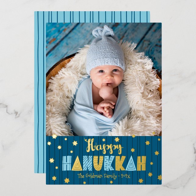 Blue Happy Hanukkah Photo Cute Modern Real Gold Foil Holiday Card (Front/Back)