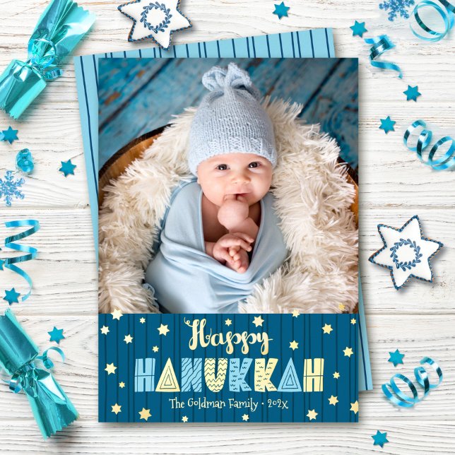 Blue Happy Hanukkah Photo Cute Modern Real Gold Foil Holiday Card (Creator Uploaded)