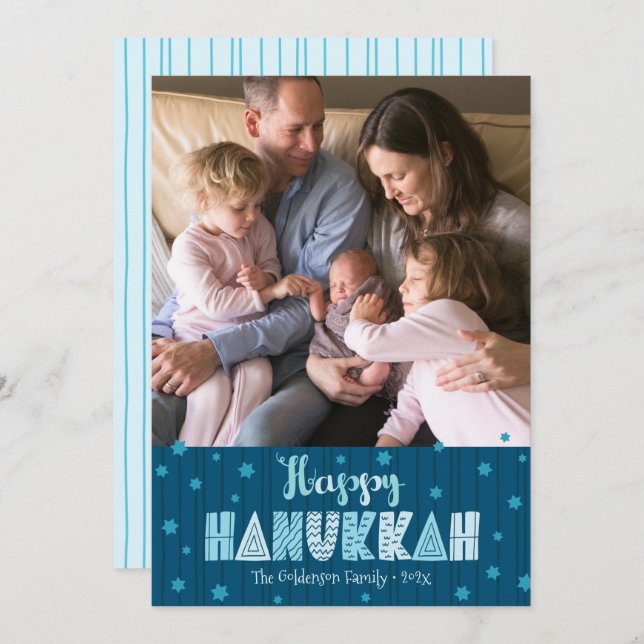 Blue Happy Hanukkah Photo Modern Fun Typography Holiday Card (Front/Back)