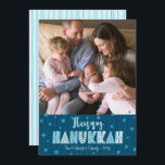 Blue Happy Hanukkah Photo Modern Fun Typography Holiday Card<br><div class="desc">“Happy Hanukkah.” Fun, playful, whimsical handcrafted typography along with a random Star of David pattern in dusty blue all overlaying midnight navy blue hand drawn lines on a dark teal blue background, along with a photo of your choice, help you usher in Hanukkah. Hand drawn turquoise lines overlay a light...</div>