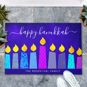 Blue Happy Hanukkah Script Modern Boho Candle Name Doormat