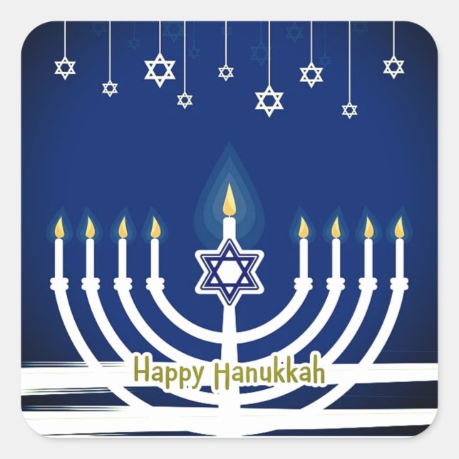 Blue Happy Hanukkah Star Menorah Candle Lights Square Sticker (Front)