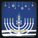 Blue Happy Hanukkah Star Menorah Candle Lights Square Sticker<br><div class="desc">Celebrate the Festival of Lights in style with these lovely Happy Hanukkah stickers. This festive design features a white candlelit menorah on a blue background with Happy Hanukkah written at the bottom in gold. Small decorative Magen David or Star of David hang from the top of the design. Great for...</div>