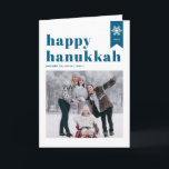 Blue Happy Hanukkah Typography Snowflakes Photo Holiday Card<br><div class="desc">Happy Hanukkah! | Send your holiday wishes with this customisable Hanukkah photo card. It features blue retro bold typography,  simple snowflakes accent and festive pattern. Personalise by adding names,  year and photo. This festive photo Happy Hanukkah card is available in various colours and cardstock.</div>