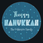 Blue Happy Hanukkah Typography Star David Name   Classic Round Sticker<br><div class="desc">“Happy Hanukkah.” Fun, whimsical handcrafted typography along with a random Star of David pattern in light dusty blues all overlaying midnight navy blue hand drawn lines and a dark teal blue background help you usher in the festival of lights. Feel the warmth and joy of the holiday season whenever you...</div>