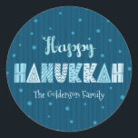 Blue Happy Hanukkah Typography Star David Name   Classic Round Sticker<br><div class="desc">“Happy Hanukkah.” Fun, whimsical handcrafted typography along with a random Star of David pattern in light dusty blues all overlaying midnight navy blue hand drawn lines and a dark teal blue background help you usher in the festival of lights. Feel the warmth and joy of the holiday season whenever you...</div>