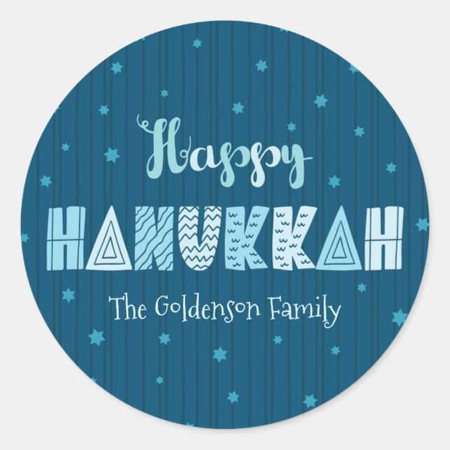 Blue Happy Hanukkah Typography Star David Name   Classic Round Sticker (Front)