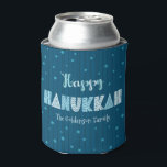 Blue Happy Hanukkah Typography Star of David Name Can Cooler<br><div class="desc">“Happy Hanukkah.” Fun, whimsical handcrafted typography, a random light blue Star of David pattern, and midnight navy blue hand drawn lines overlaying a dark teal blue background, along with your name or custom greeting, help you usher in Hanukkah. Feel the warmth of the holiday season whenever you relax with your...</div>