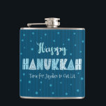 Blue Happy Hanukkah Typography Star of David Name Hip Flask<br><div class="desc">“Happy Hanukkah.” Fun, whimsical handcrafted typography, a random light blue Star of David pattern, and midnight navy blue hand drawn lines overlaying a dark teal blue background, along with your name and funny saying, help you usher in Hanukkah. Feel the warmth of the holiday season whenever you use this stylish...</div>