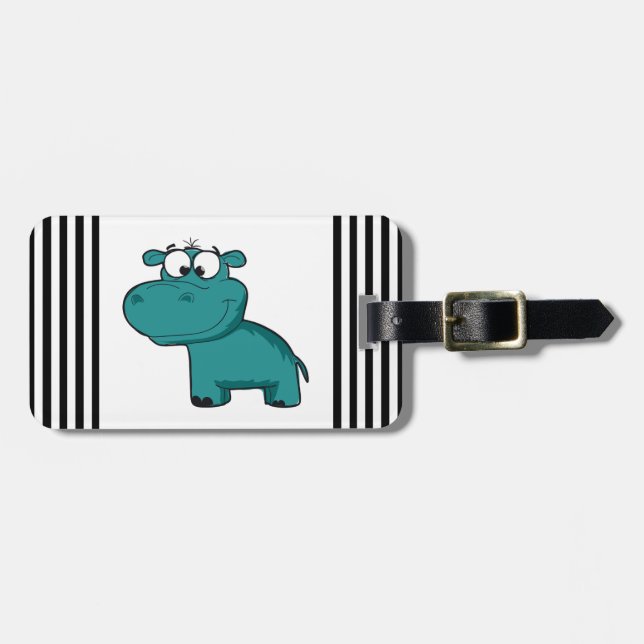 Blue Happy Hippo Luggage Tag (Front Horizontal)