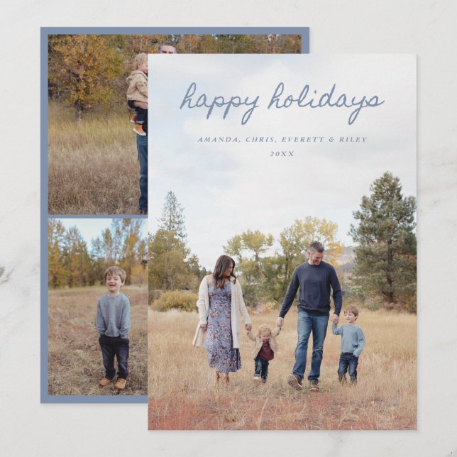 Blue Happy Holidays Card 4 Family Photos (Front/Back)