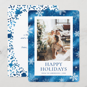 Blue Happy Holidays Snowflake Snow Photo Holiday Card