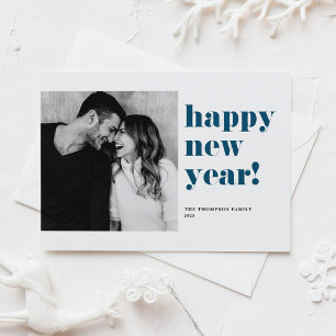 Blue Happy New Year 2025 Bold Typography Photo Holiday Card