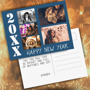 Blue Happy New Year 2026 5 Photo Collage Postcard
