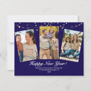 Blue Happy New Year Lights Family Photo Card