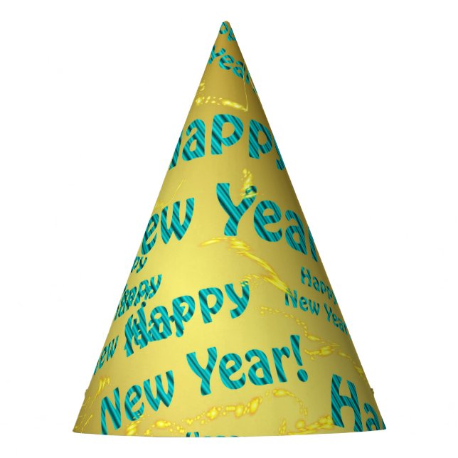 blue happy new year text in gold paper hat (Front)