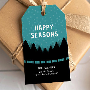 Blue happy seasons with forest and snow gift tags