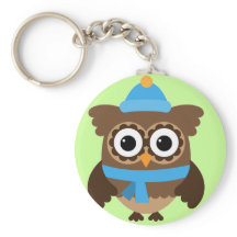 Blue Hat Owl with Blue Scarf Button Keychain