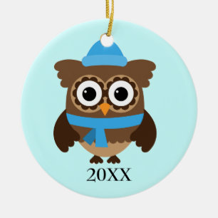 Blue Hat Owl with Blue Scarf Ornament