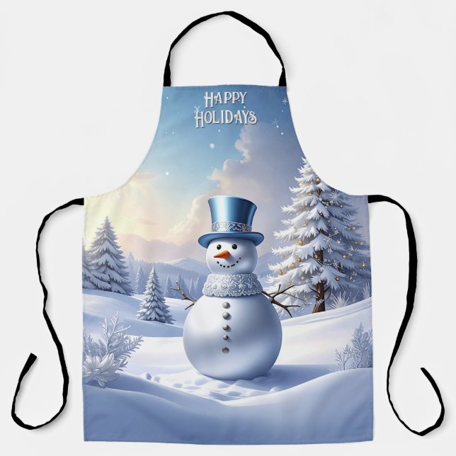 Blue Hat Snowman Christmas Tree Holiday Apron (Front)
