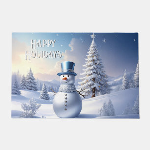 Blue Hat Snowman Christmas Tree Holiday Doormat