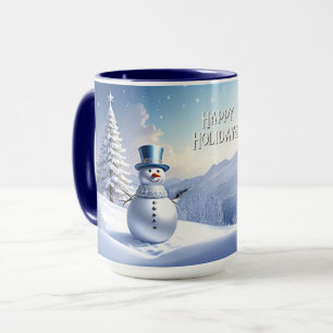 Blue Hat Snowman Christmas Tree Holiday Mug